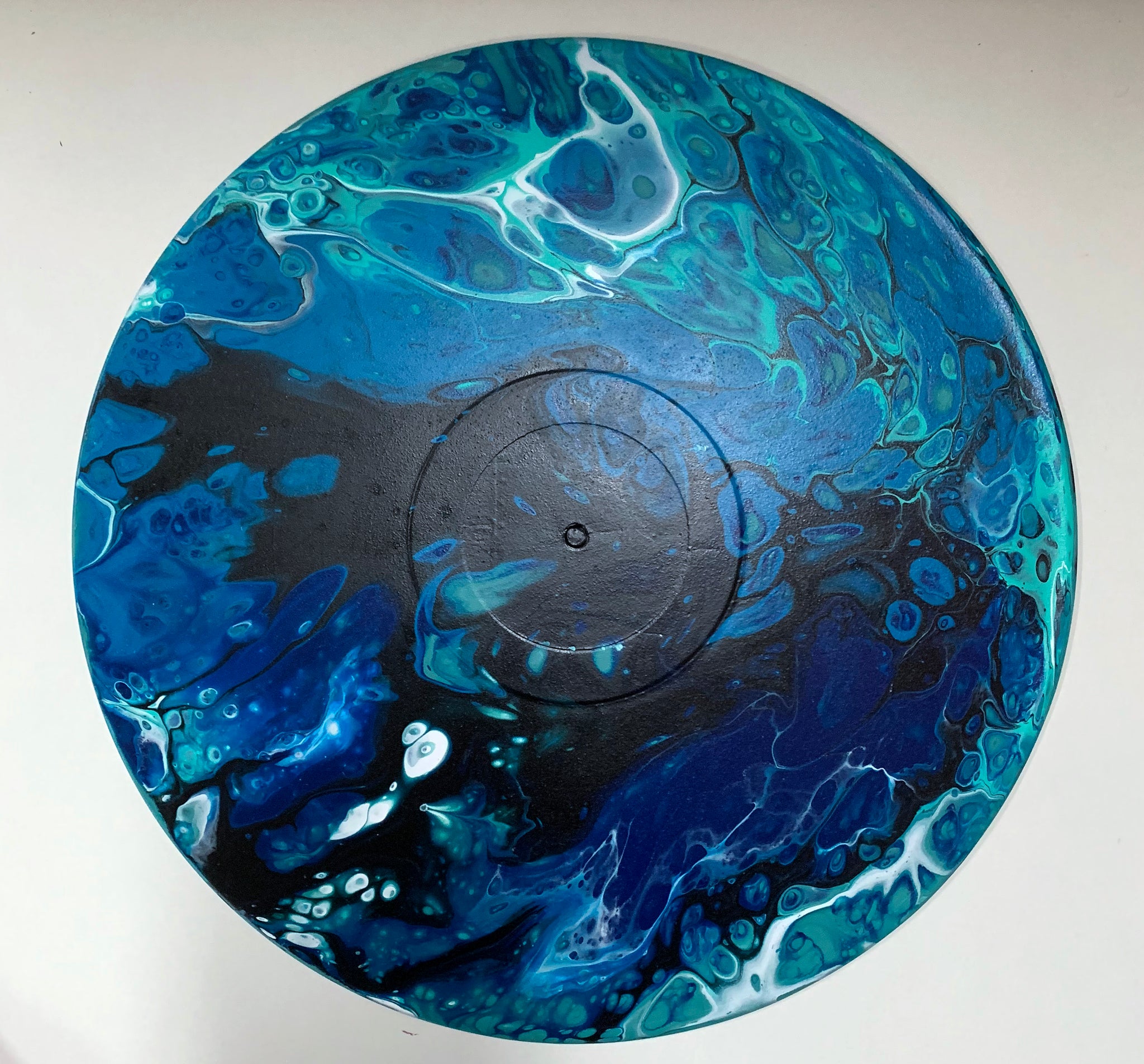 Ocean - Upcycled Vinyl Record Pour Painting Clock - Ashley Lisl Art