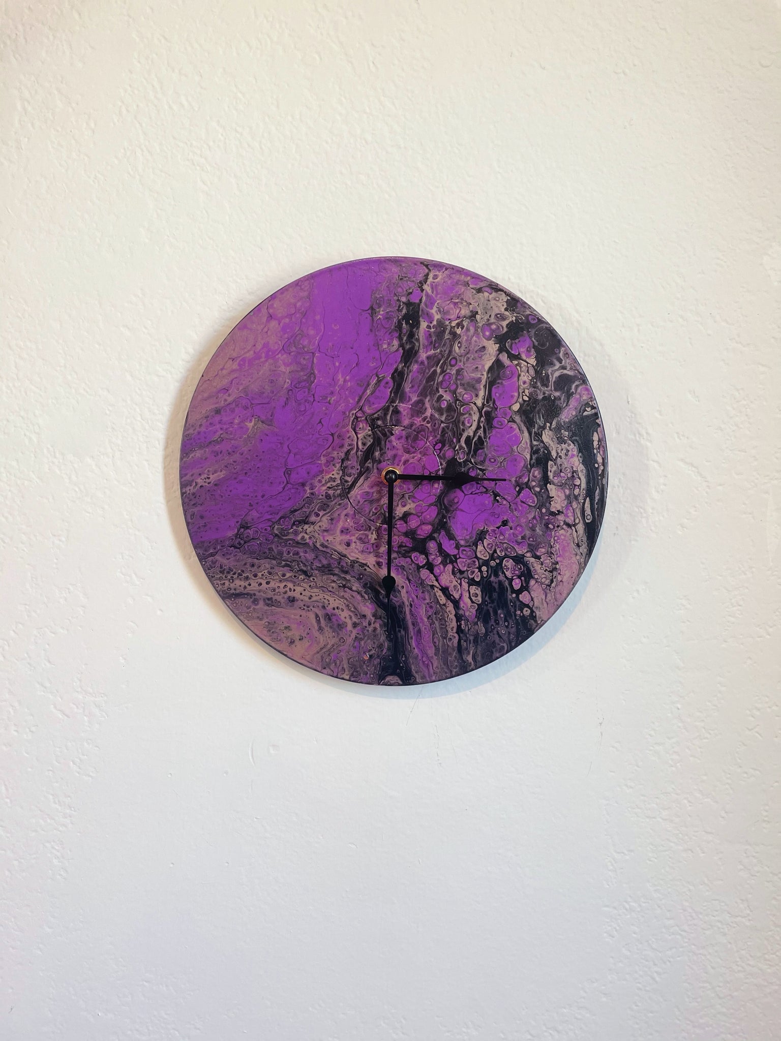 Purple People Eater - Upcycled Vinyl Record Pour Painting Clock - Ashley Lisl Art